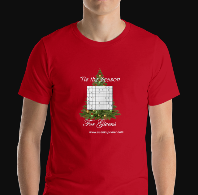 Christmas t-shirt with the text 'Tis the Season for Givens with a Christmas tree and sudoku puzzle